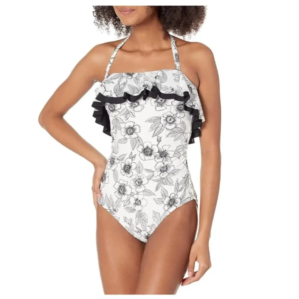 TOMMY HILFIGER Blossom White Black Ruffle Neckline One Piece Swimsuit Size 4